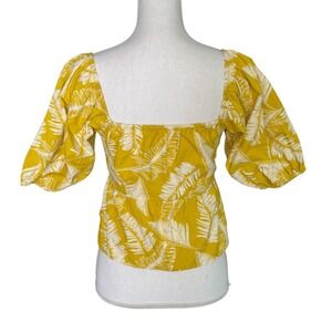SIM & SAM - SIZE M - Yellow White Tropical Square Neck Puff Sleeve Peplum Top B1